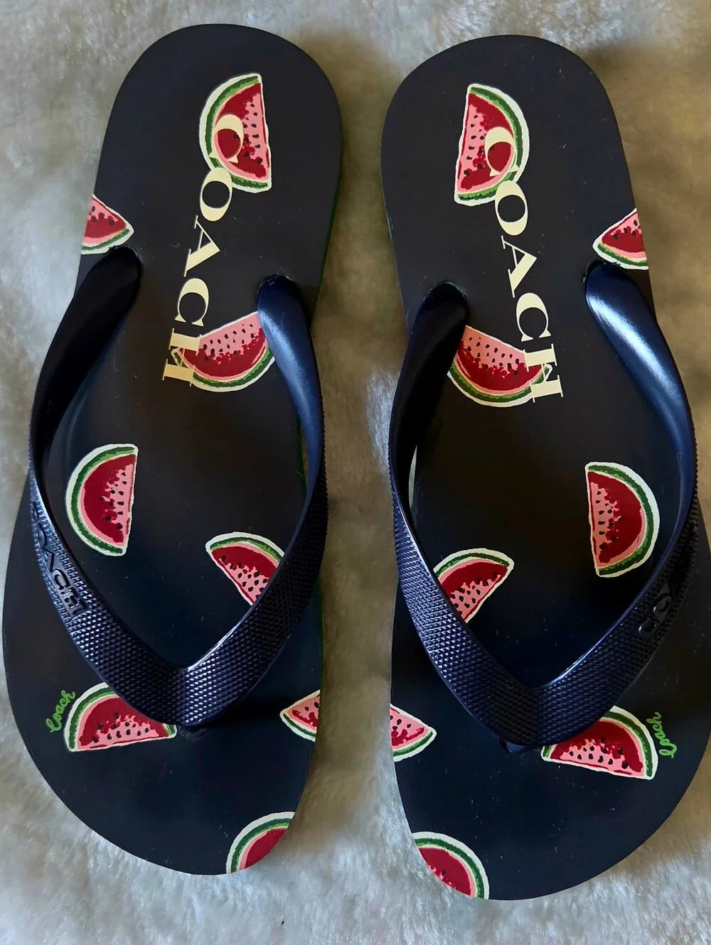 COACH Black Flip Flops with Watermelon Print